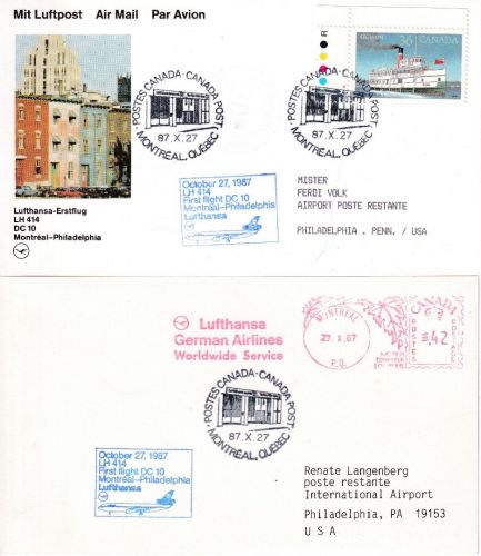 Canada - LH-Erstflug Montreal Philadelpia 1987 1x Lufthansa AFS 1x frankiert