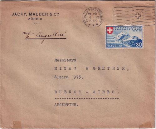 Schweiz - 30 Rp. Landesausstellung Brief n. ARGENTINIEN Zürich Buenos Aires 1939