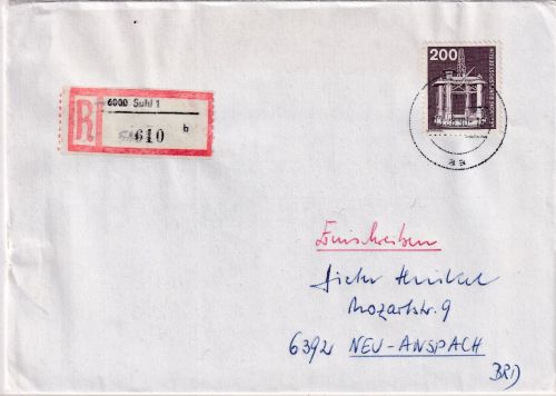 Berlin - 200 Pfg. I&T Einschreibebrief/VGO-Tarif Suhl - Neu-Anspach 3.8.90