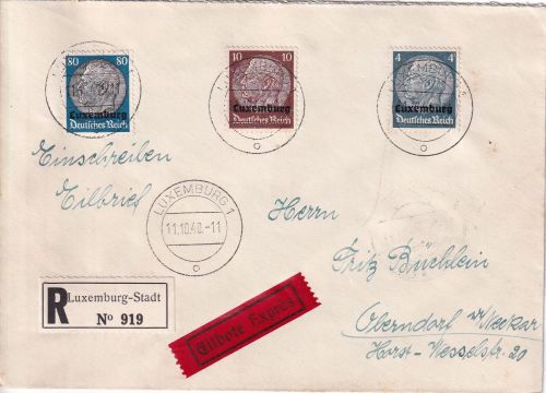Dt.Bes. Luxemburg - 80 Pfg. u.a. Hindenburg/Aufdruck Eil-Einschreibebrief 1940