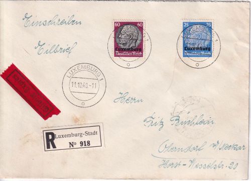 Dt.Bes. Luxemburg - 25+60 Pfg. Hindenburg/Aufdruck Eil-Einschreibebrief 1940