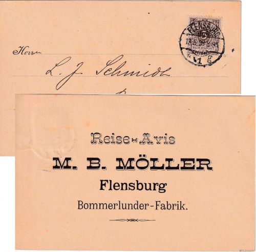 DR - 3 Pfg. K/A Drucksache/Reiseavis (Bommerlunder) Flensburg - Woyens 1898