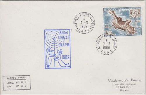 TAAF - 3,90 Fr. Pinguin Insel Brief Alfred-Faure-Crozet - Barr 1989 Radio-Cachet