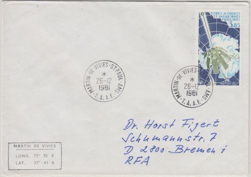 TAAF - 3,85 Fr. Satellit Arcad III Brief Martin-de Vivies-St. Paul - Bremen 1981