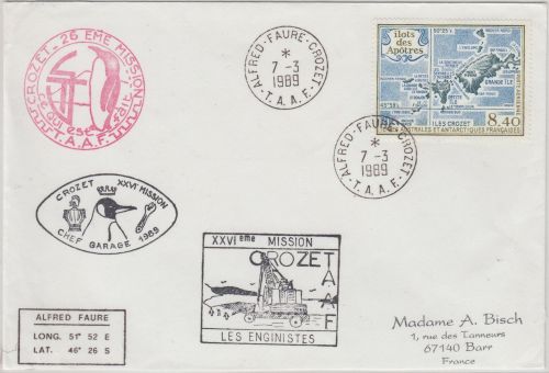 TAAF - 8,40 Fr. Apostel Insel Brief Alfred Faure Crozet XXVI. Mission Cachets