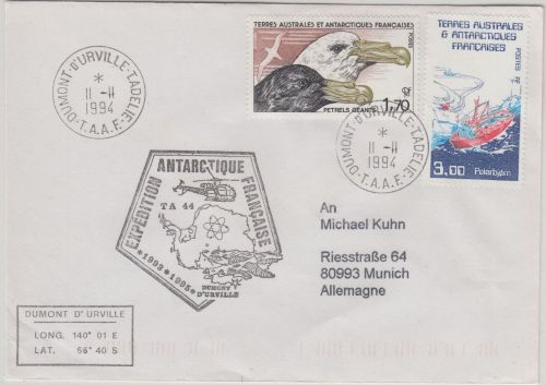 TAAF - 3 Fr. Eisbrecher Polarbjorn u.a. Brief Dumont d'Urville Tadelie 1994