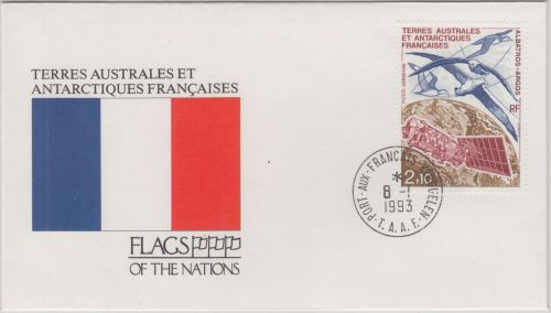 TAAF - 2,10 Fr. Albatros+Satellit Schmuckkuvert Post aux Fransais Kerguelen 1993