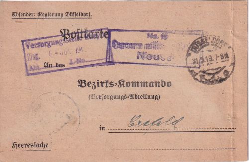DR - Düsseldorf 31.5.19 Heeresache/Postkarte n. Crefeld - belgische Zensur-Ra3