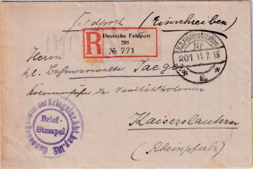DR - Dt. Feldpost 201 Einschreibebrief Genesungsheim bayer. Kriegslazarett 1918