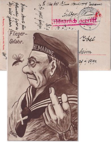 DR - Wangerooge 1918 Feldpostkarte/Juxkarte "Fliegergefahr" n. Vendenheim