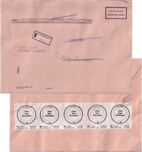 BRD - Bad Kissingen ca. 1990 Postsache-Wertbrief/Innendienstbeleg n Elfershausen