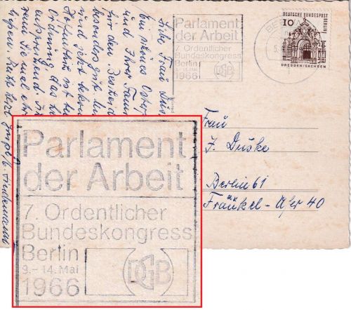 BRD - Berlin 1966 7. Ordentl. Bundeskongress DGB Masch.werbestpl. Ortskarte