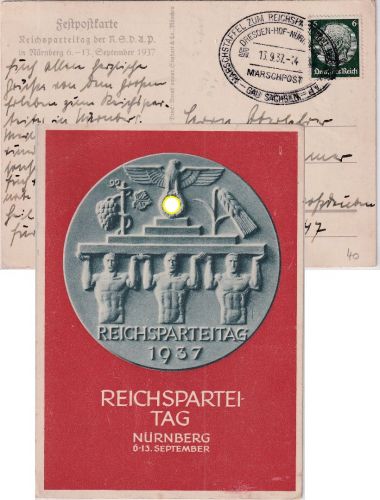 DR - Nürnberg Reichsparteitag 1937 farb. Propagandakarte mit Marschpost-SST