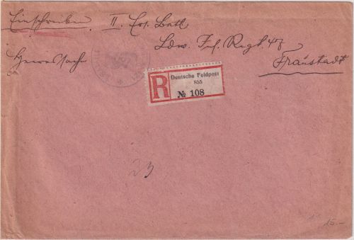 DR - Deutsche Feldpost 855 Einschreibebrief n. Fraustadt 1918