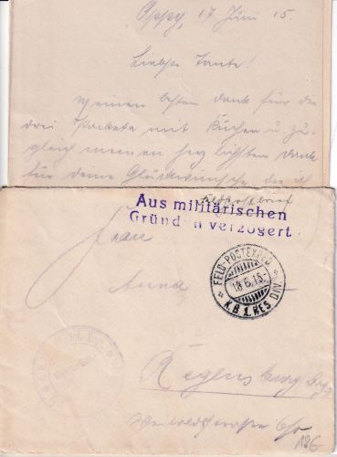 Bayern - Feldpost-Exp. K.B. 1. Res.Div. Feldpostbrief n. Regensburg 1915