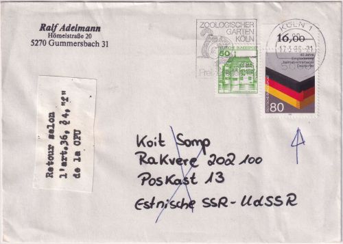 BRD/Postkrieg - 80 Pfg. Heimatvertriebene Brief i.d. UdSSR (Estland) Köln 1986