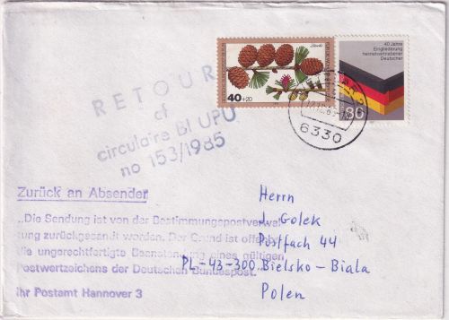 BRD/Postkrieg - 80 Pfg. Heimatvertriebene u.a. Brief n. POLEN Wetzlar 1985