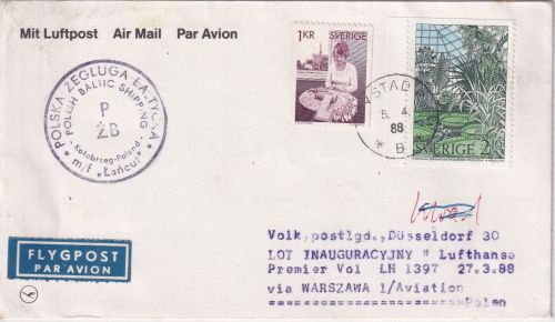 Schweden - Polnische Schiffspost "M/F Lancut" Zuleitung LOT-Erstflug 1988