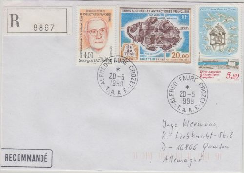 TAAF - 20 Fr. Iles Crozt u.a. Einschreibebrief Alfred Faure Crozet 1999