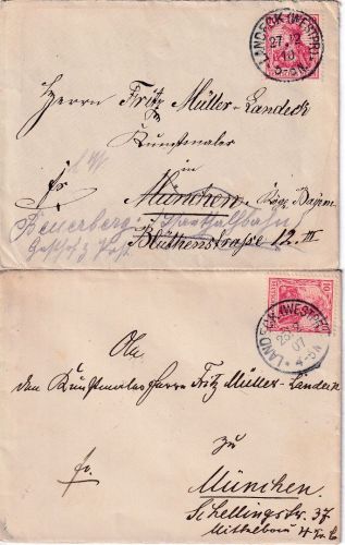 DR - Landeck (Westpr.) 1907/10 2 Briefe n. München a. Maler Fritz Müller-Landeck