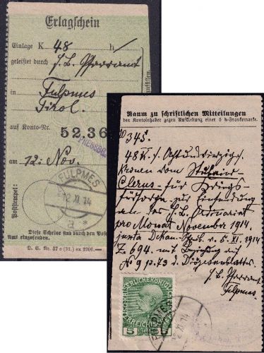 Österreich - 5 H. Franz-Joseph Erlagschein (Quittung) ü. 48 Kronen Fulpmes 1914