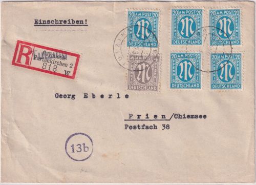 AM-Post - 5x20+4 Pfg. Einschreibebrief Tutzing - Prien 1946