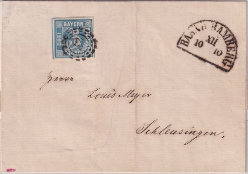 Bayern/Th&T - 3 Kr Quadrat blau oMR 32 Bahnh. Bamberg Brief n. Schleusingen 1860