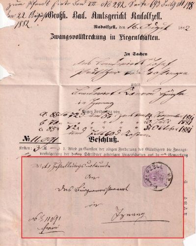 DR - 5 Pfg. Zustellurkunde/Landbestellbereich Radolfzell - Iznang 1882