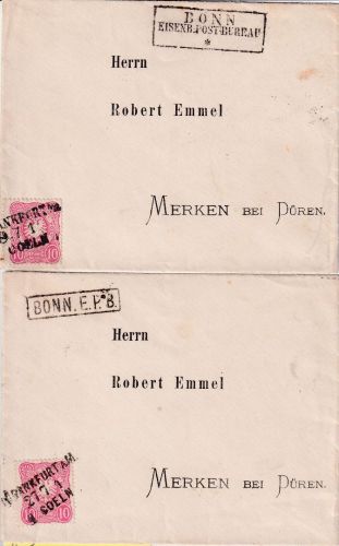 DR - Bonn Eisenbahn Postbureau Ra1+apt. Ra3 2 Briefe Bahnpost-L3 n. Merken