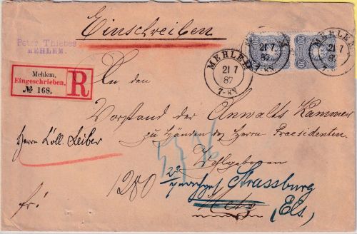 DR - 2x20 Pfg. Einschreibebrief (2.Gew.st.) preuss. K2 Mehlem - Metz 1887