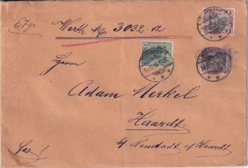 DR - 50+40+5 Pfg. Germania Wertbrief Löffingen - Haardt 1909