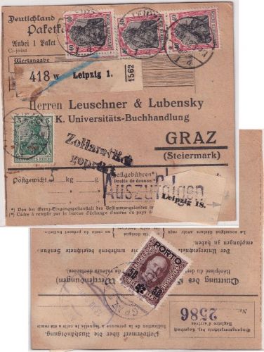 DR - 3x40+5 Pfg. Germania Paketkarte n. ÖSTERREICH Leipzig - Graz 1919