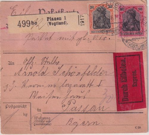 DR - 80+30+5 Pfg. Germania Eilpaketkarte Plauen - Passau 1918