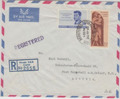 Zypern - 10 M. Kennedy u.a. Luftpost Einschreibebrief n. ÖSTERREICH Nicosia 1965