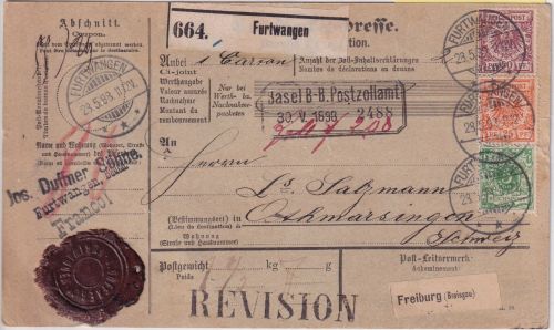 DR - 50+25+5 Pfg. Krone/Adler Paketkarte "REVISION" i.d. SCHWEIZ Furtwangen 1898