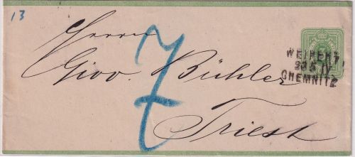 DR - 3 Pfg. Ganzsachen-Streifband n. Triest Bahnpost-L3 Weipert Chemnitz 1884