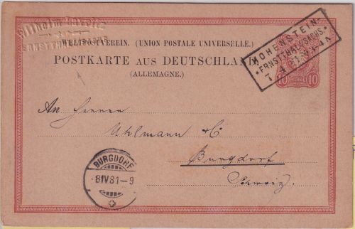 DR - 10 Pfg. Ganzsache m. Absenderprägung Ra3 Hohenstein-Ernstthal 1881