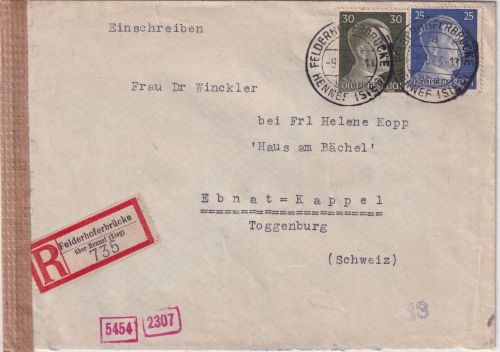DR - Feldhoferbrücke ü. Hennef (Sieg) Poststelle I Einschreibebrief 1943