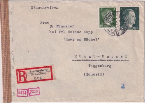 DR - Schönenberg ü. Hennef (Sieg) Poststelle I Einschreibebrief 1943