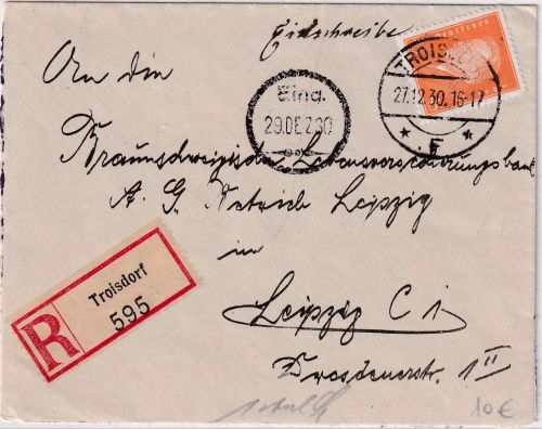 DR - 45 Pfg. Ebert Einschreibebrief Troisdorf - Leipzig 1930
