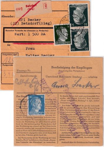 DR - 2x50 Pfg. AH u.a. Wertpaketkarte Betzdorf - Idar-Oberstein 1944