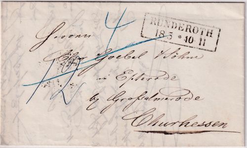 Preussen/Th&T - Ründeroth 18/5 Ra2 Portobrief n. Großalmerode 1856