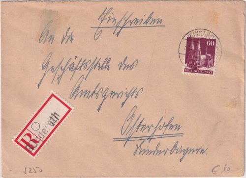 Bizone - Bünderoth 30.11.48 Einschreibebrief n. Osterhofen Aushilfs-R-Zettel