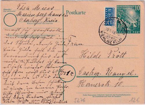 BRD - 10 Pfg. Bundestag Sonderganzsache Marienberghausen ü. Wiehl 1949