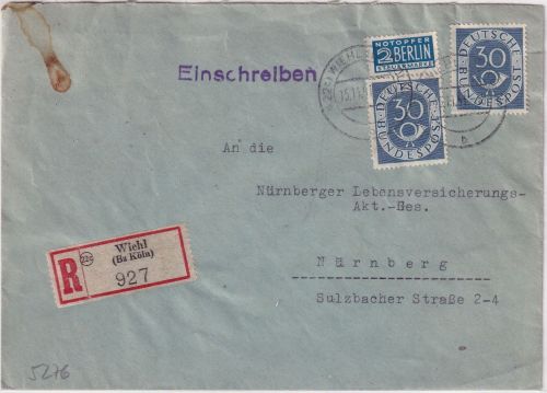 BRD - 2x30 Pfg. Posthorn Einschreibebrief Wiehl (Bz. Köln) - Nürnberg 1951