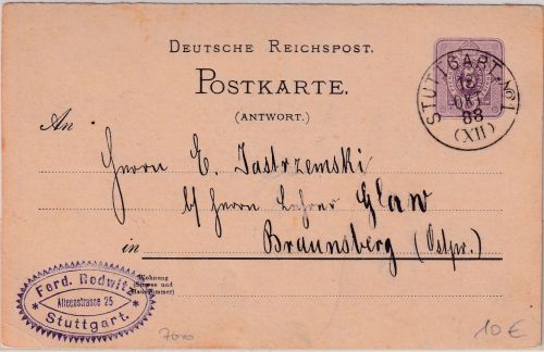 DR (Württemberg) - 5 Pfg. Ganzsache Antwortteil K1 Stuttgart - Braunsberg 1888