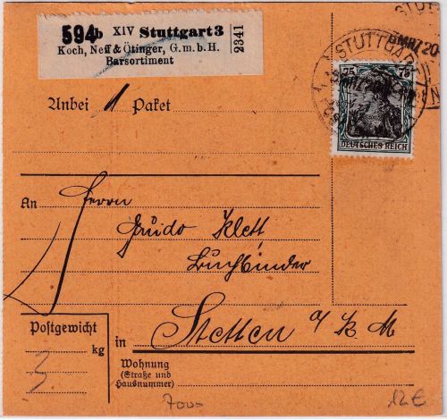 DR - 75 Pfg. Germania Paketkarte/Selbstbucher (!!) Stuttgart 3 - Stetten 1920
