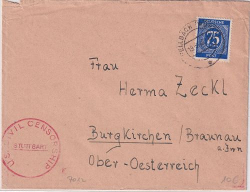 All.Bes. - 75 Pfg. Ziffer Zensurbrief n. ÖSTERREICH Fellbach - Burgkirchen 1946