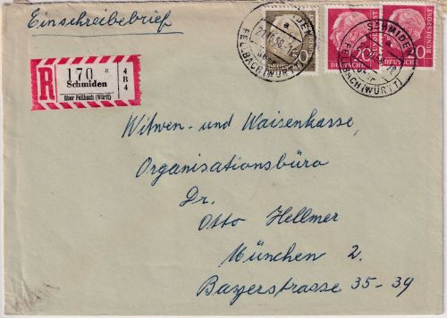 BRD - Schmiden ü. Fellbach Poststelle I Einschreibebrief n. München 1958