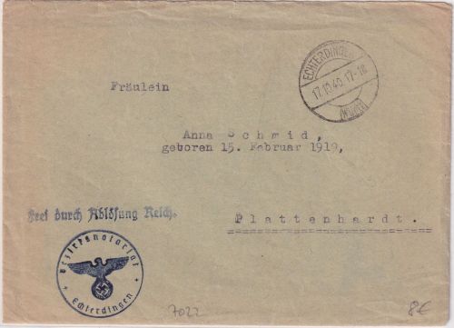 DR - Echterdingen 1940 Dienstbrief/Frei d. Ablösung n. Plattenhardt